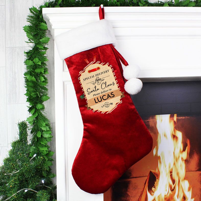 Personalised Special Delivery Red Velvet Christmas Stocking | PhotoFairytales