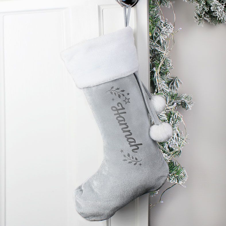 Personalised Grey Holly Velvet Christmas Stocking | PhotoFairytales