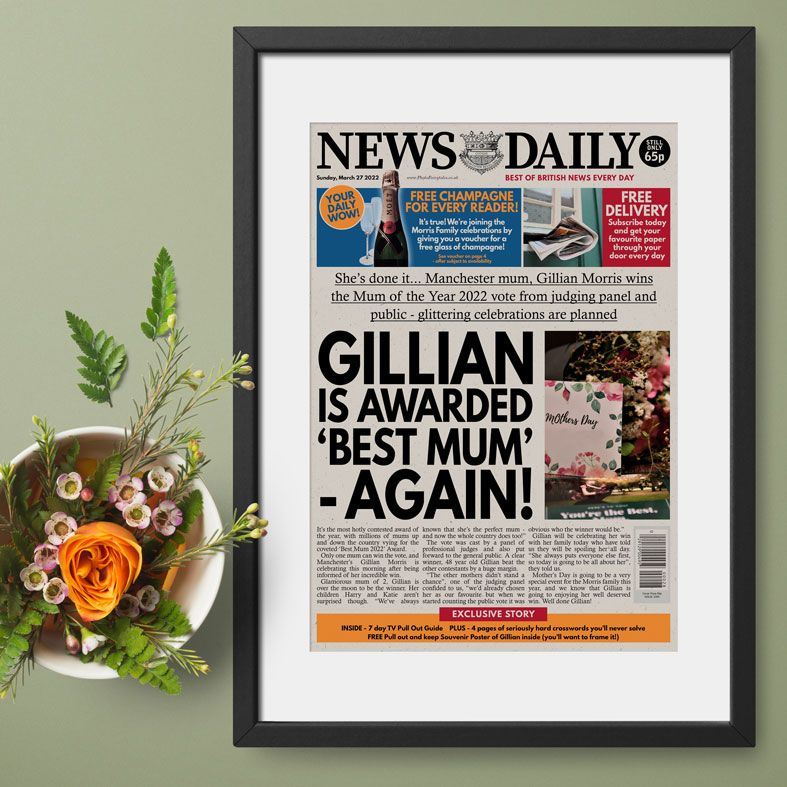 Personalised Mother's Day Gifts, free UK delivery - Personalised Newspaper Mother of the Year Gift