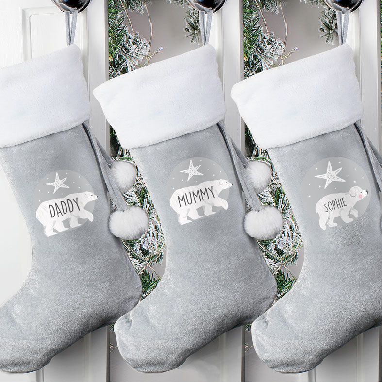 Personalised Traditional Santa Stocking, Grey Polar Bear Design | PhotoFairytales