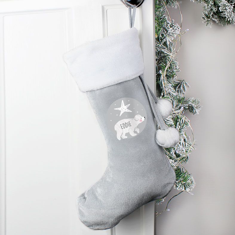 Personalised Traditional Santa Stocking, Grey Polar Bear Design | PhotoFairytales