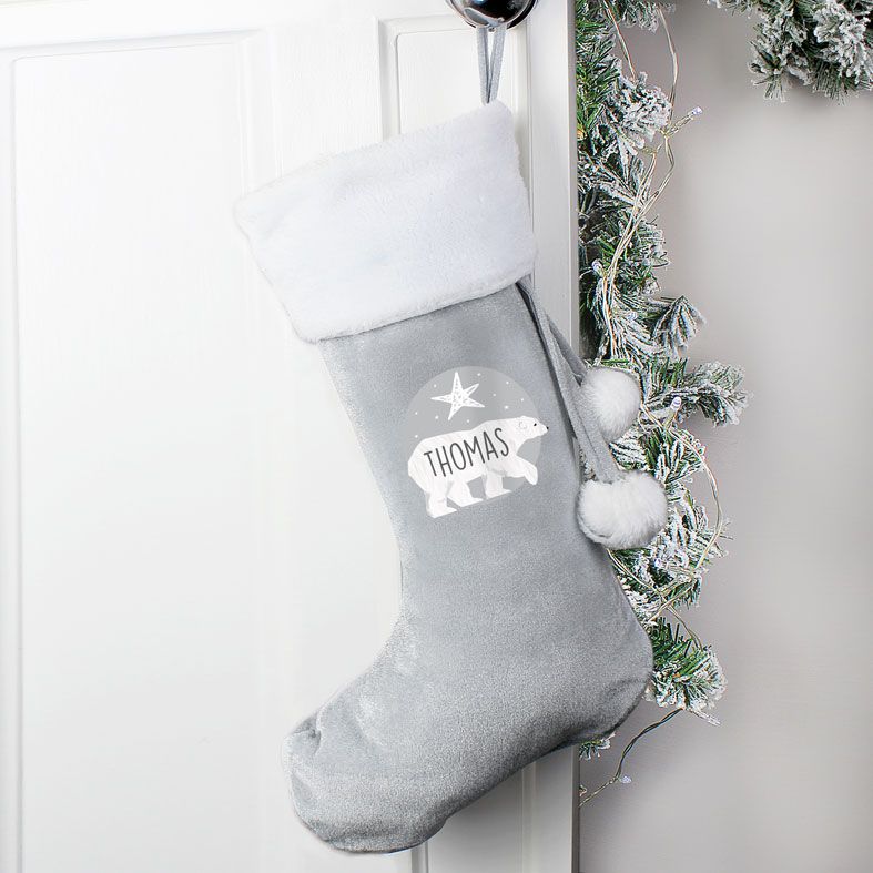 Personalised Traditional Santa Stocking, Grey Polar Bear Design | PhotoFairytales