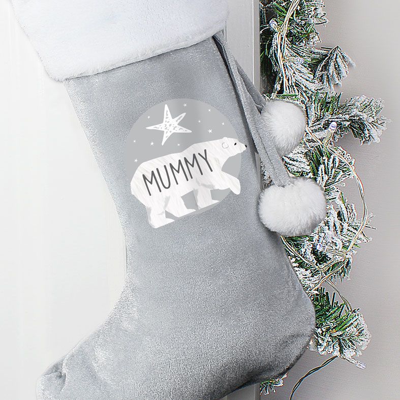 Personalised Traditional Santa Stocking, Grey Polar Bear Design | PhotoFairytales