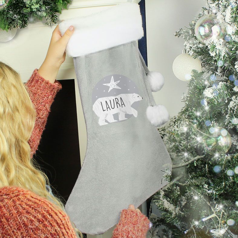 Personalised Traditional Santa Stocking, Grey Polar Bear Design | PhotoFairytales