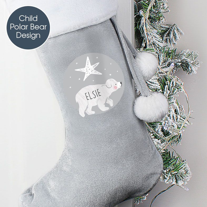Personalised Traditional Santa Stocking, Grey Polar Bear Design | PhotoFairytales