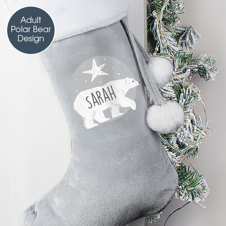 Personalised Traditional Santa Stocking, Grey Polar Bear Design | PhotoFairytales