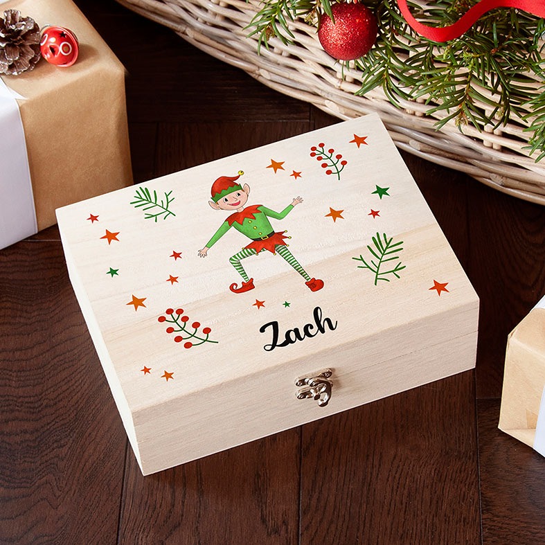 Personalised Elf Boy Christmas Eve Boxes | festive high quality printed wooden boxes, from PhotoFairytales