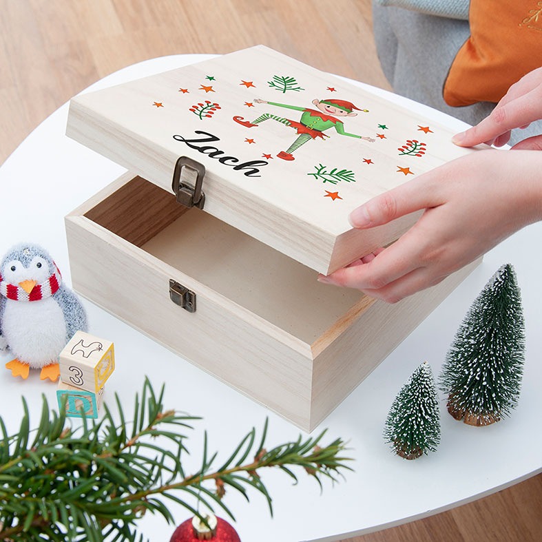 Personalised Elf Boy Christmas Eve Boxes | festive high quality printed wooden boxes, from PhotoFairytales