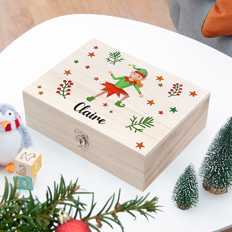 Personalised Elf Girl Christmas Eve Boxes | festive high quality printed wooden boxes, from PhotoFairytales