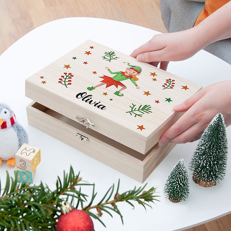 Personalised Elf Girl Christmas Eve Boxes | festive high quality printed wooden boxes, from PhotoFairytales