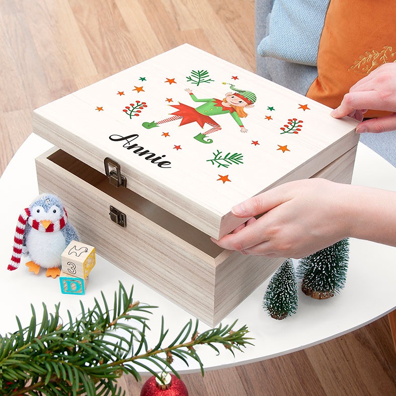 Personalised Elf Girl Christmas Eve Boxes | festive high quality printed wooden boxes, from PhotoFairytales