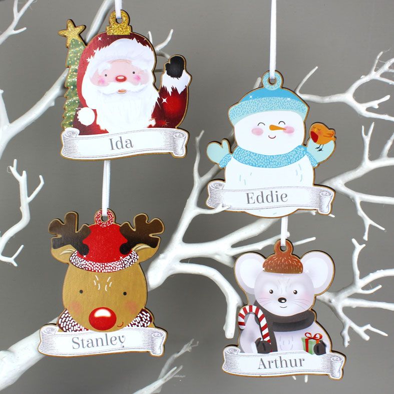 Personalised Christmas Characters Family Decorations | Set of 4 charming wooden hanging decorations, Santa, Mouse, Reindeer and Snowman | from PhotoFairytales