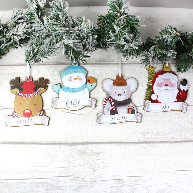Personalised Christmas Characters Family Decorations | Set of 4 charming wooden hanging decorations, Santa, Mouse, Reindeer and Snowman | from PhotoFairytales