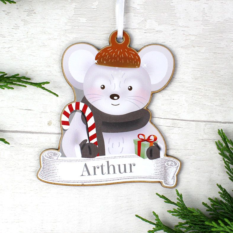 Personalised Christmas Characters Family Decorations | Set of 4 charming wooden hanging decorations, Santa, Mouse, Reindeer and Snowman | from PhotoFairytales