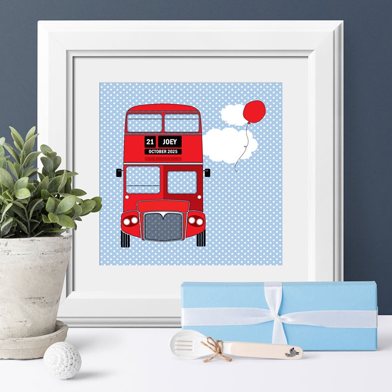 Personalised London Bus nursery print | bespoke baby christening gifts from PhotoFairytales