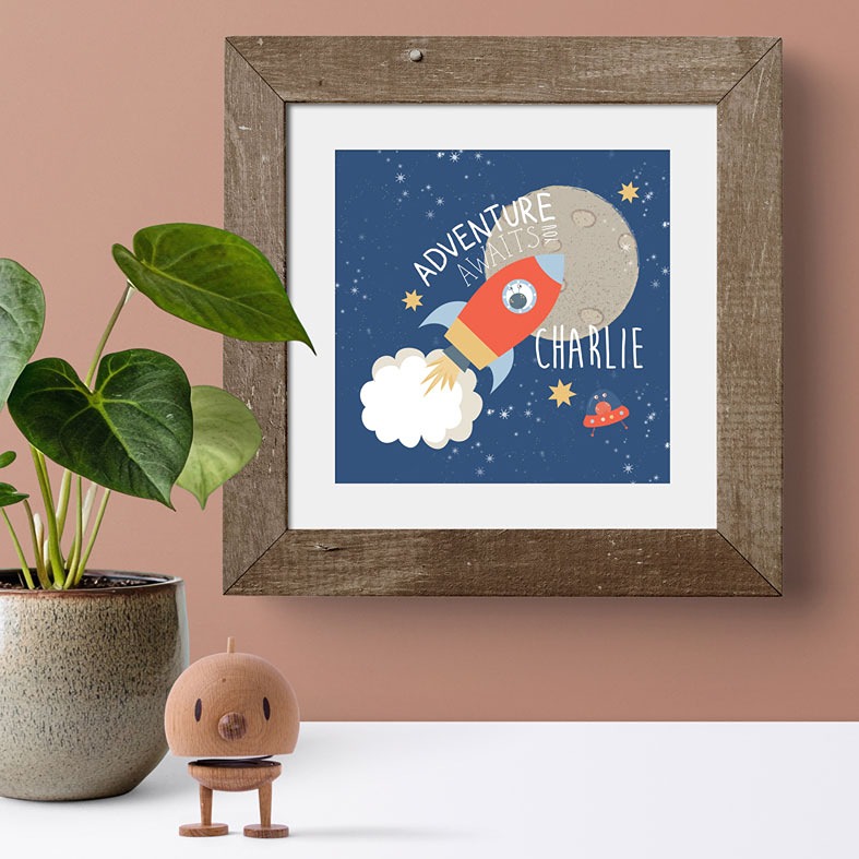 Personalised Retro Spaceship nursery print | bespoke baby christening gifts from PhotoFairytales
