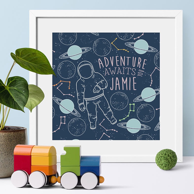 Personalised Space Adventure nursery print | bespoke baby christening gifts from PhotoFairytales
