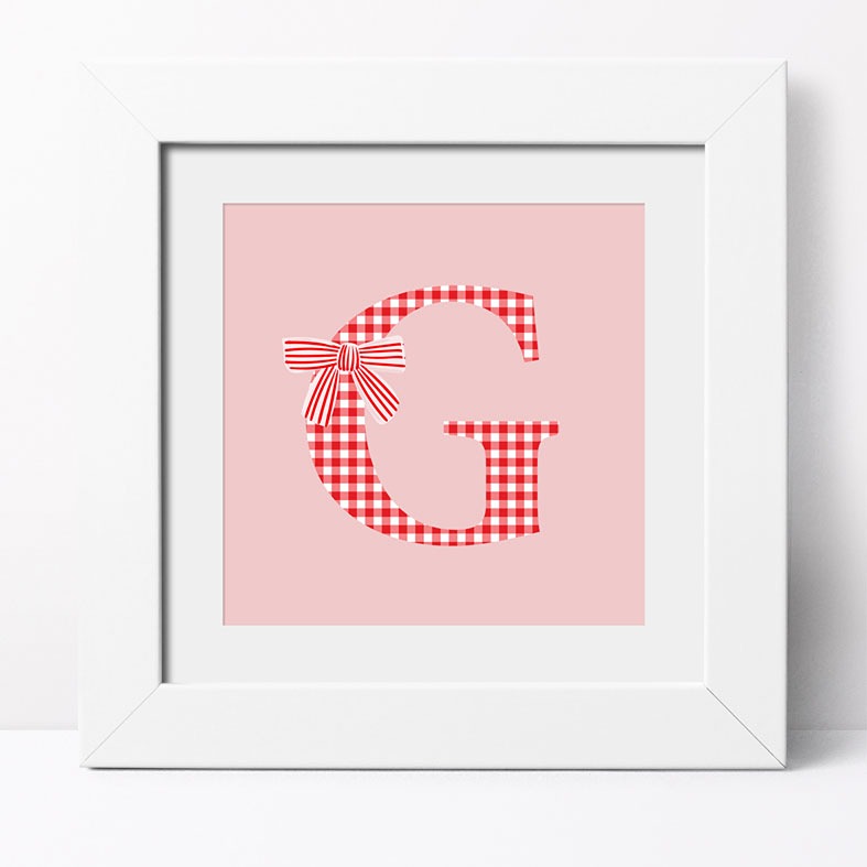 Personalised 'Cottage Check' initial print with gingham bow â€“ cottagecore wall art gift for her or nursery decor