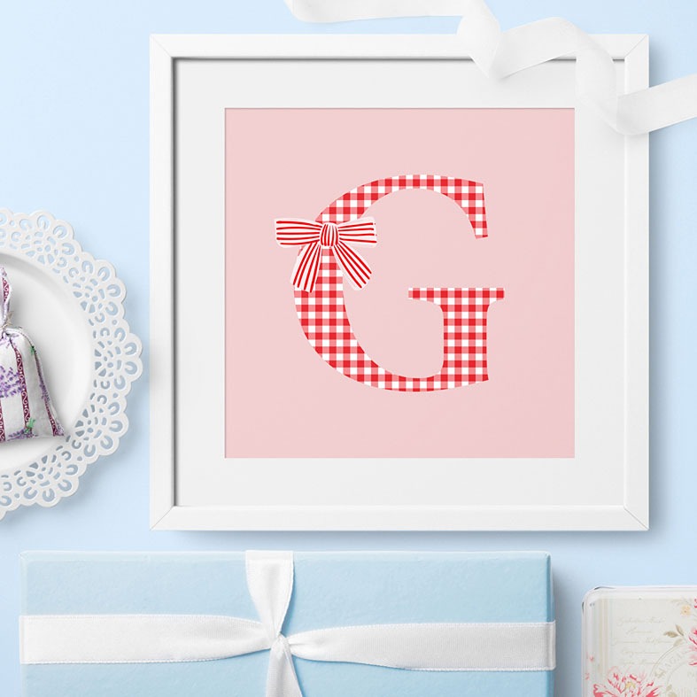 Personalised 'Cottage Check' initial print with gingham bow â€“ cottagecore wall art gift for her or nursery decor