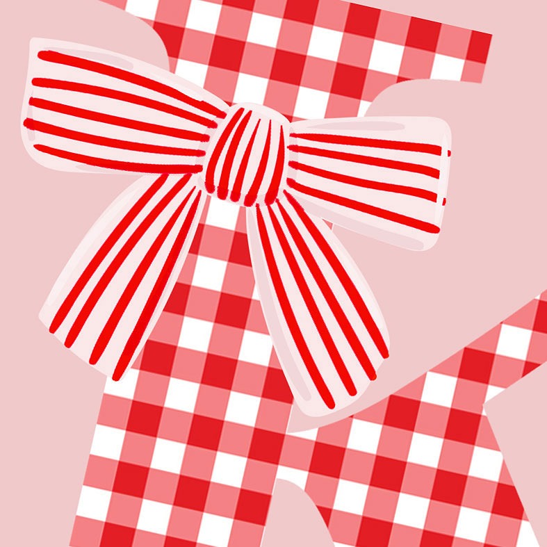 Personalised 'Cottage Check' initial print with gingham bow â€“ cottagecore wall art gift for her or nursery decor