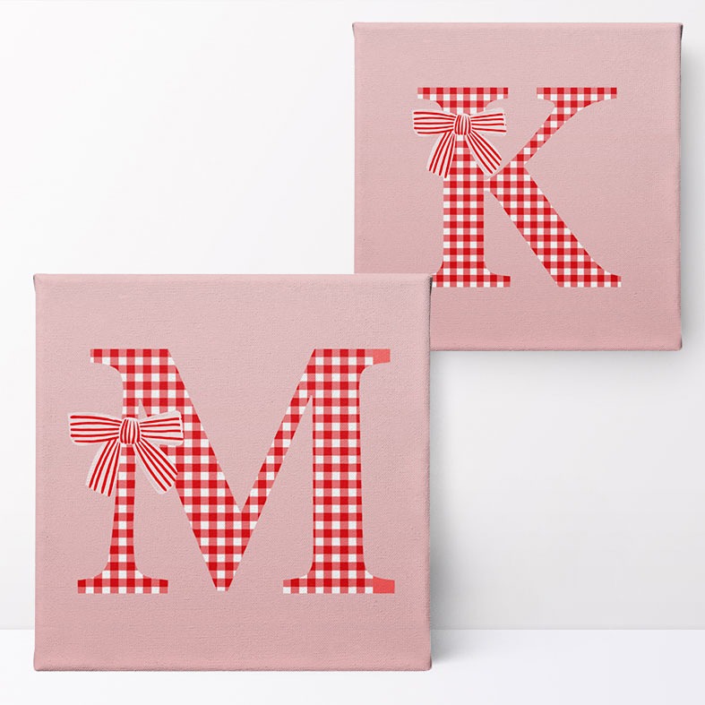Personalised 'Cottage Check' initial print with gingham bow â€“ cottagecore wall art gift for her or nursery decor