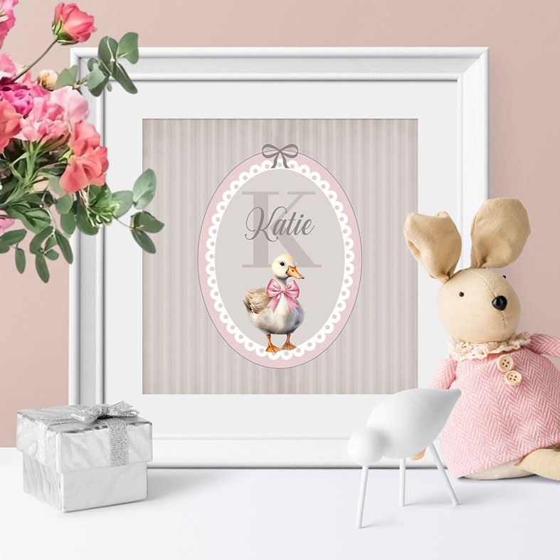 Personalised Duckling nursery print - baby nursery wall art in pastel colours, charming christening gift