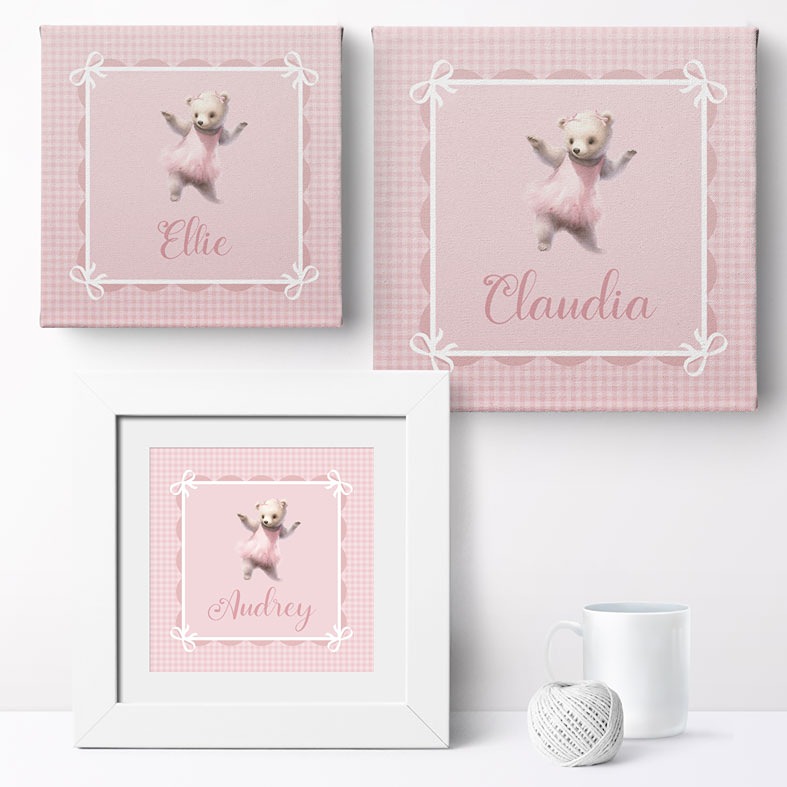 Personalised pink Gingham Bear print â€“ baby girl nursery wall art and charming christening gift idea