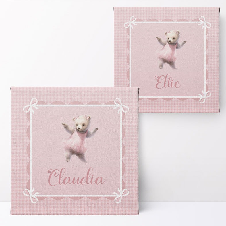 Personalised pink Gingham Bear print â€“ baby girl nursery wall art and charming christening gift idea