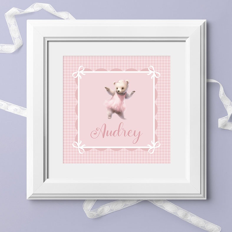 Personalised pink Gingham Bear print â€“ baby girl nursery wall art and charming christening gift idea