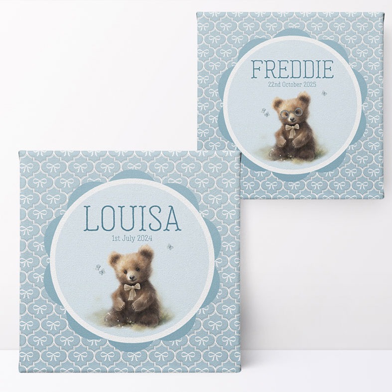 Personalised blue Little Bear print â€“ baby nursery wall art and charming christening gift idea for boys or girls