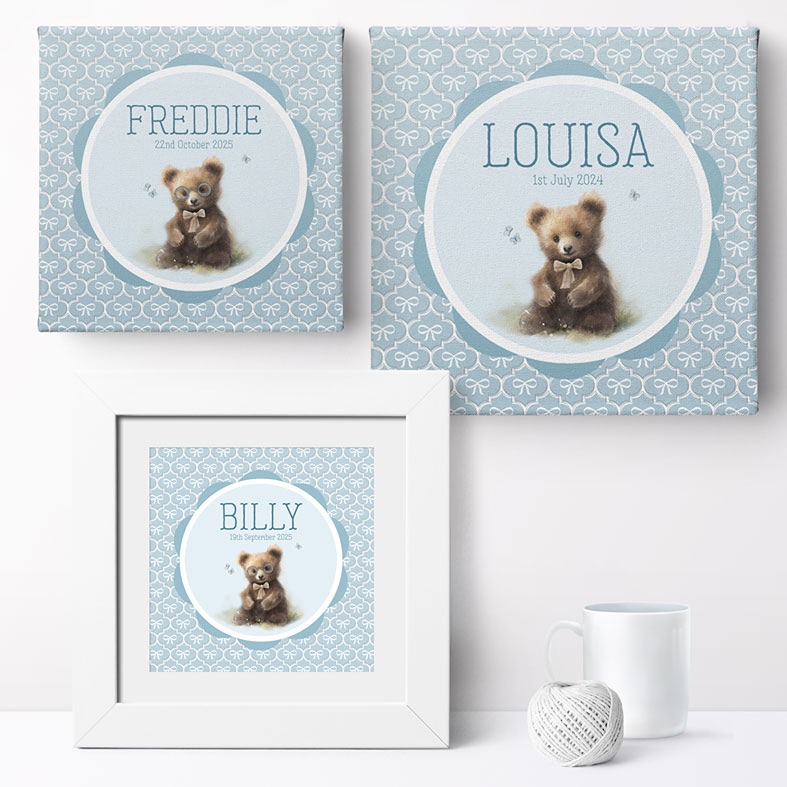 Personalised blue Little Bear print â€“ baby nursery wall art and charming christening gift idea for boys or girls