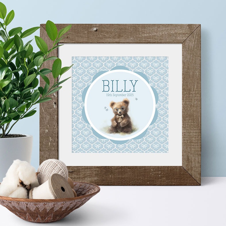 Personalised blue Little Bear print â€“ baby nursery wall art and charming christening gift idea for boys or girls
