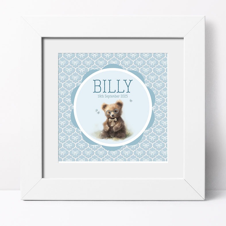 Personalised blue Little Bear print â€“ baby nursery wall art and charming christening gift idea for boys or girls