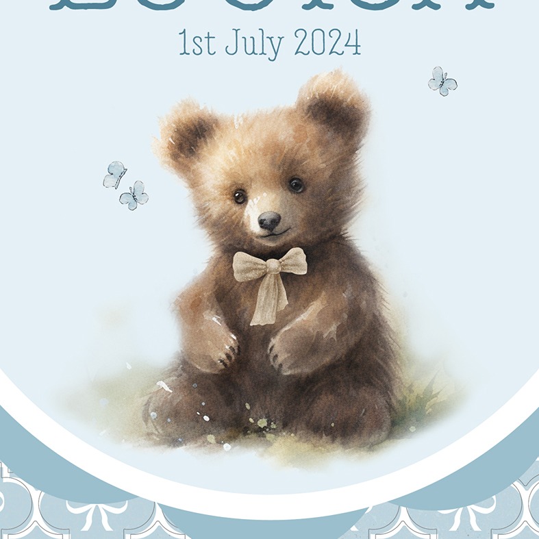 Personalised blue Little Bear print â€“ baby nursery wall art and charming christening gift idea for boys or girls