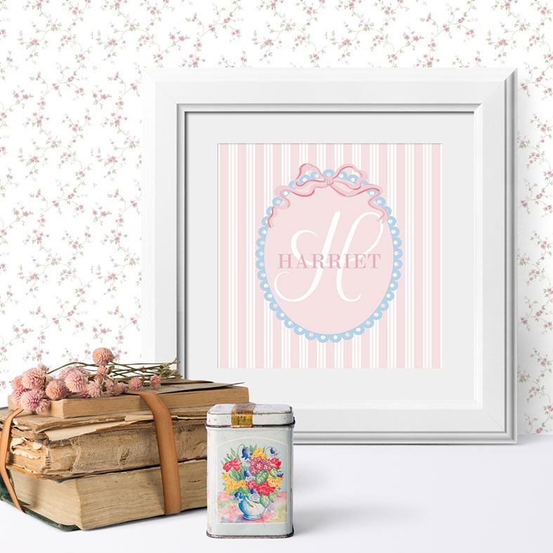Personalised Regency Stripe name print â€“ elegant rococo-style wall art with Bridgerton aesthetic, perfect gift for her
