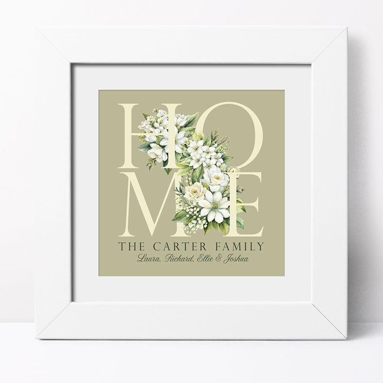 Personalised Home Print | personalised print featuring delicate botanical flowers, custom-made unique new home, housewarming or wedding gift