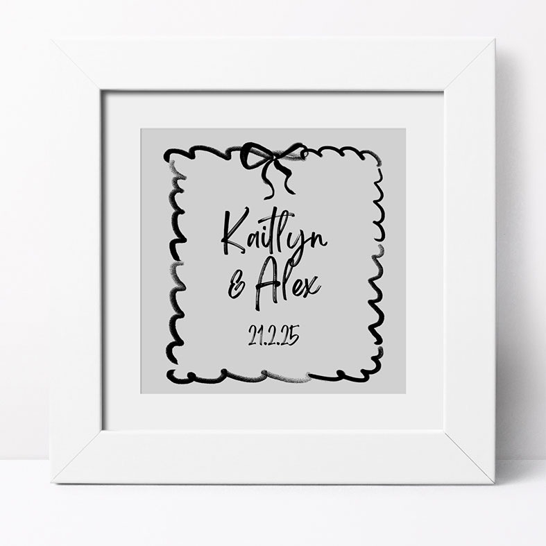 Brushstrokes personalised print featuring a decorative bow, with custom names and date â€“ romantic gift idea for a wedding, Valentine's Day or anniversary