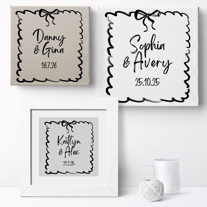 Brushstrokes personalised print featuring a decorative bow, with custom names and date â€“ romantic gift idea for a wedding, Valentine's Day or anniversary