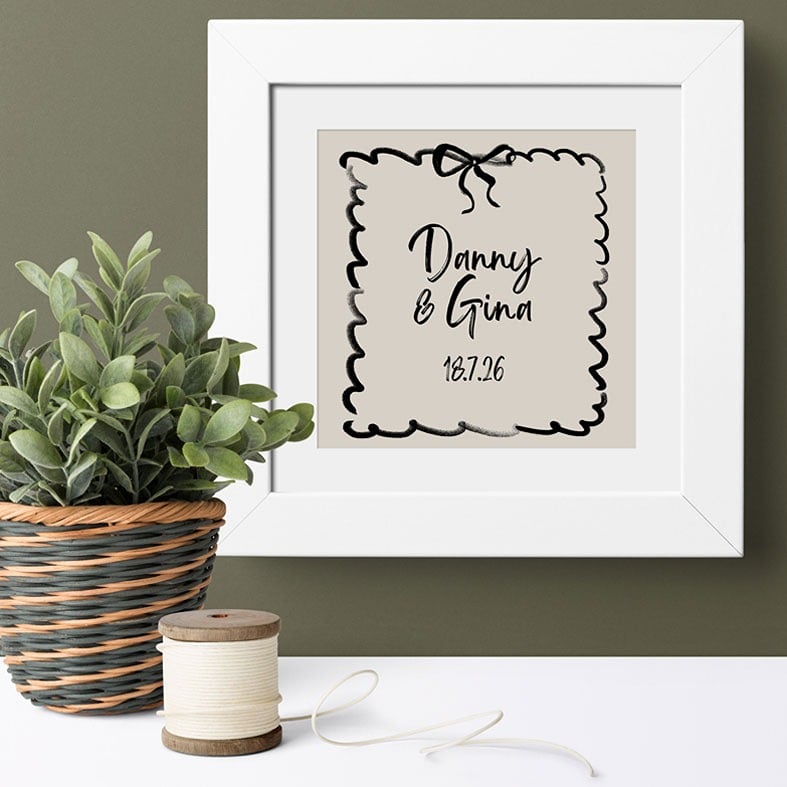 Brushstrokes personalised print featuring a decorative bow, with custom names and date â€“ romantic gift idea for a wedding, Valentine's Day or anniversary