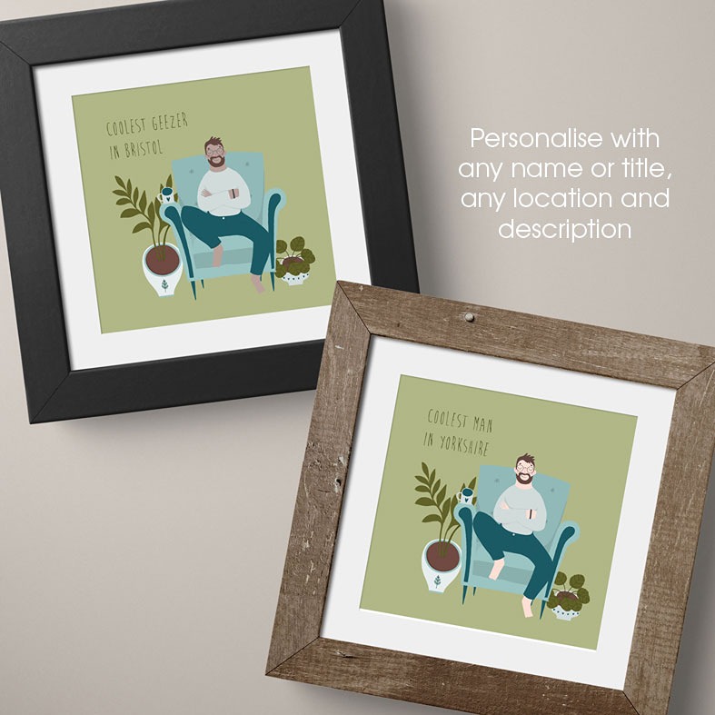 Personalised 'Coolest Bloke' Print | Customise hair, skin tone, name, wording & location. Unique gift for him.
