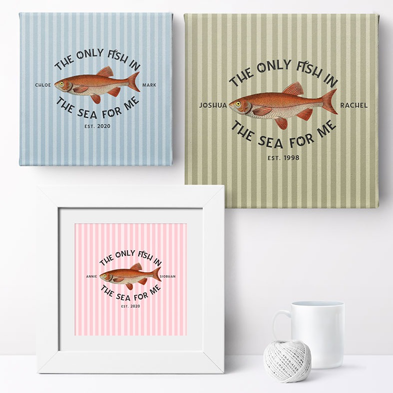 Only Fish in the Sea personalised print with vintage fish illustration and striped background â romantic nautical gift for couples in 3 colour choices
