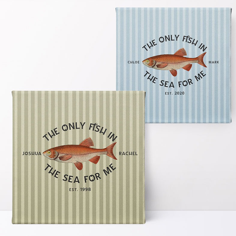 Only Fish in the Sea personalised print with vintage fish illustration and striped background â€“ romantic nautical gift for couples in 3 colour choices