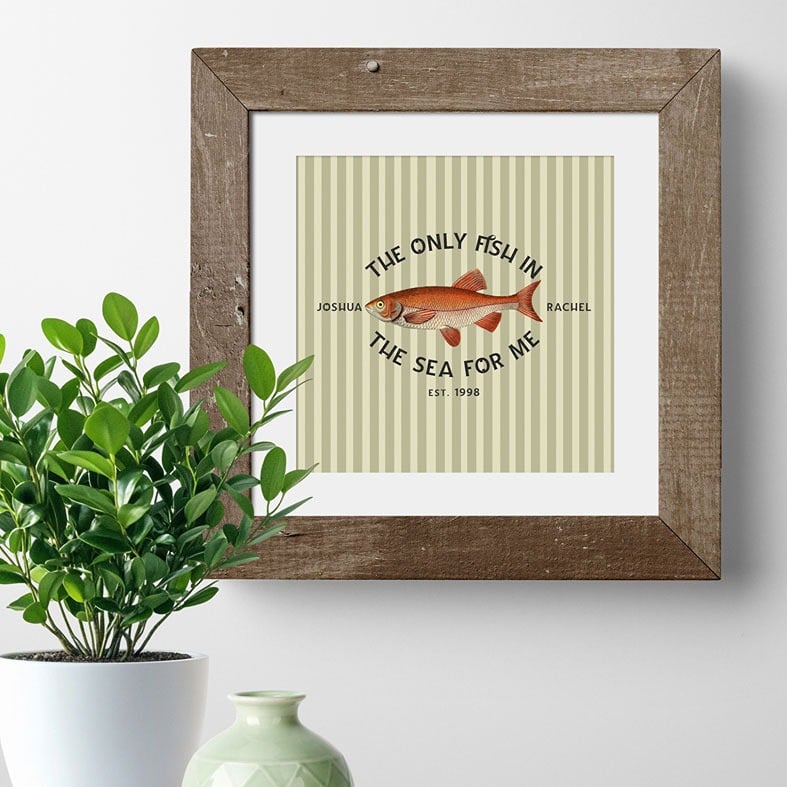 Only Fish in the Sea personalised print with vintage fish illustration and striped background â€“ romantic nautical gift for couples in 3 colour choices