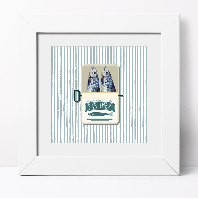 Personalised Sardine Print - add a quirky, personalised touch to your home decor. Featuring custom wording and a vintage style design, it's the perfect gift for couples, families or anniversaries.