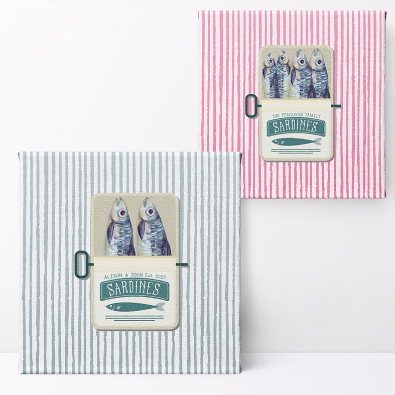 Personalised Sardine Print - add a quirky, personalised touch to your home decor. Featuring custom wording and a vintage style design, it's the perfect gift for couples, families or anniversaries.