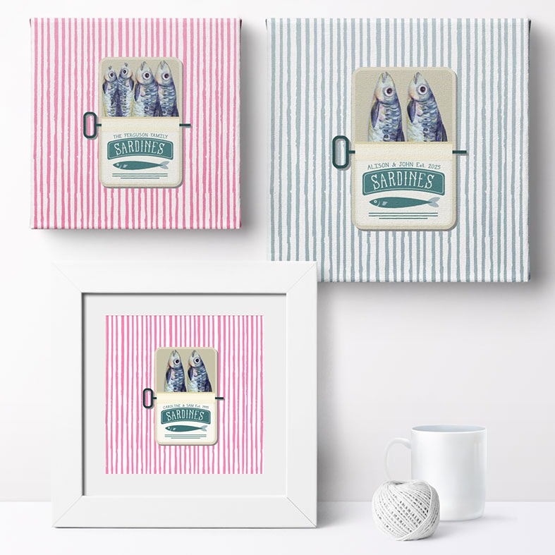 Personalised Sardine Print - add a quirky, personalised touch to your home decor. Featuring custom wording and a vintage style design, it's the perfect gift for couples, families or anniversaries.