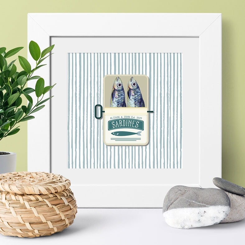 Personalised Sardine Print - add a quirky, personalised touch to your home decor. Featuring custom wording and a vintage style design, it's the perfect gift for couples, families or anniversaries.