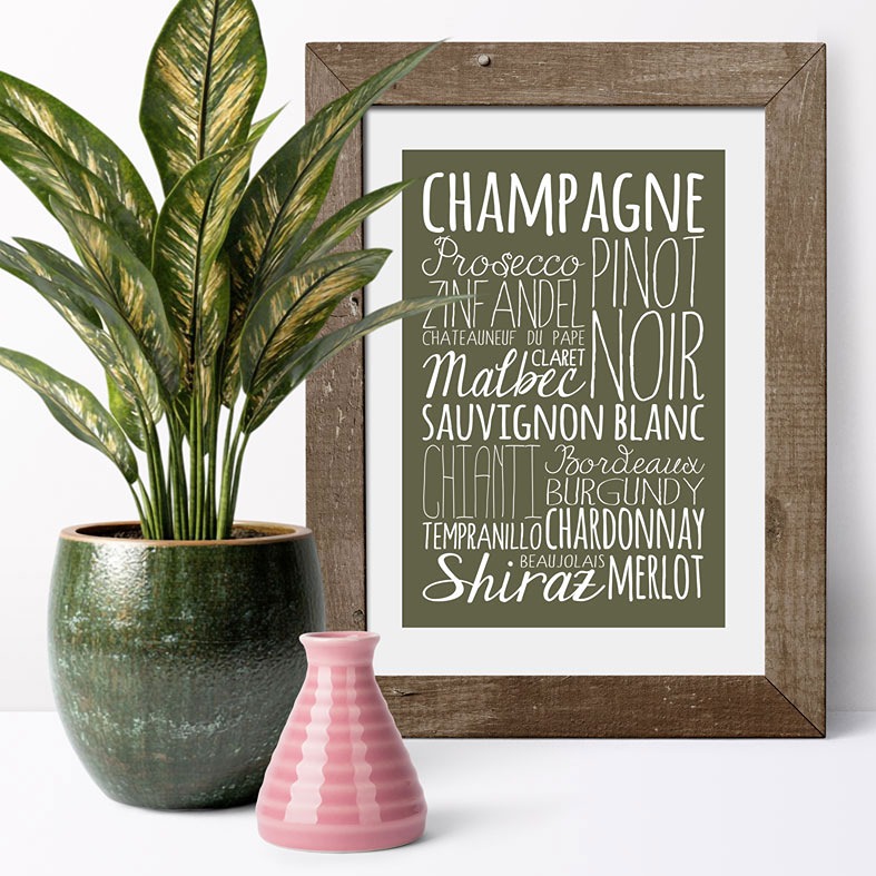 Wine bespoke Word Theme Print | made to order word art prints created in any colour, striking typographic art for your home, from PhotoFairytales