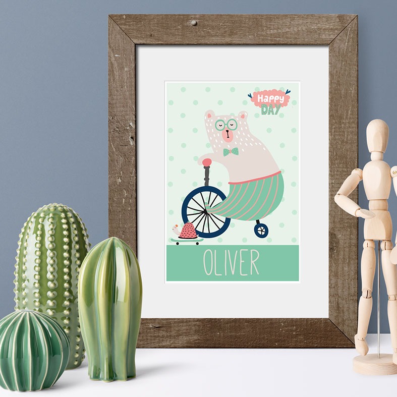 Happy Day bear personalised name poster print | A delightful range of personalised name prints featuring your baby's name. Lovely #nurserydecor #babygift from PhotoFairytales