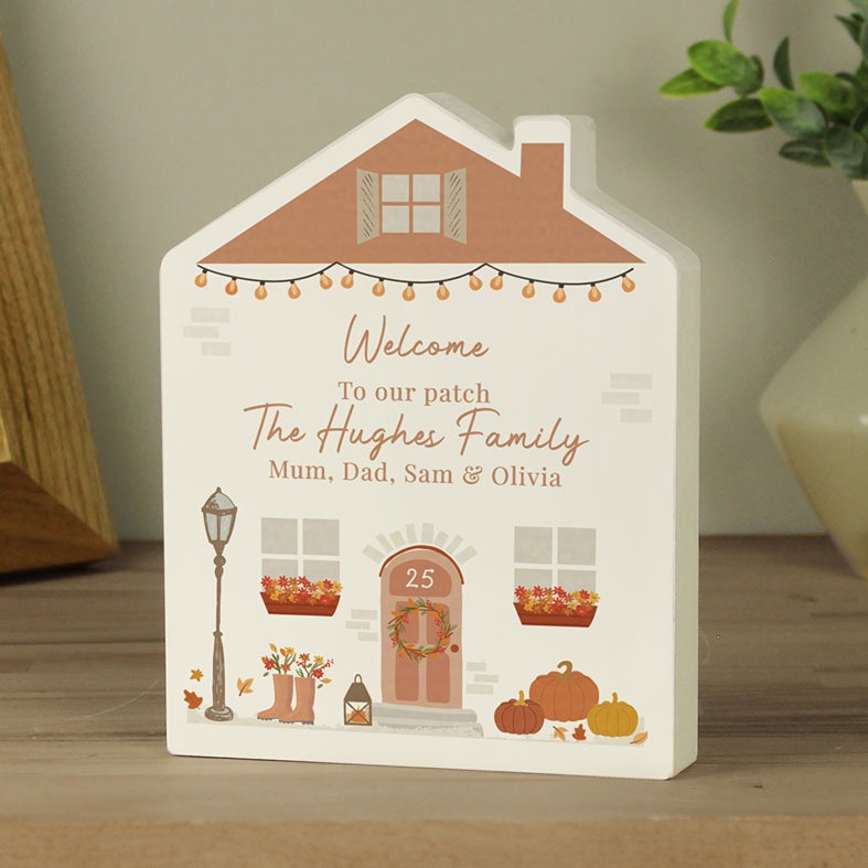 Personalised Wooden Autumn House Decor | freestanding decorative ornament, rustic style, ideal gift for autumn or Halloween
